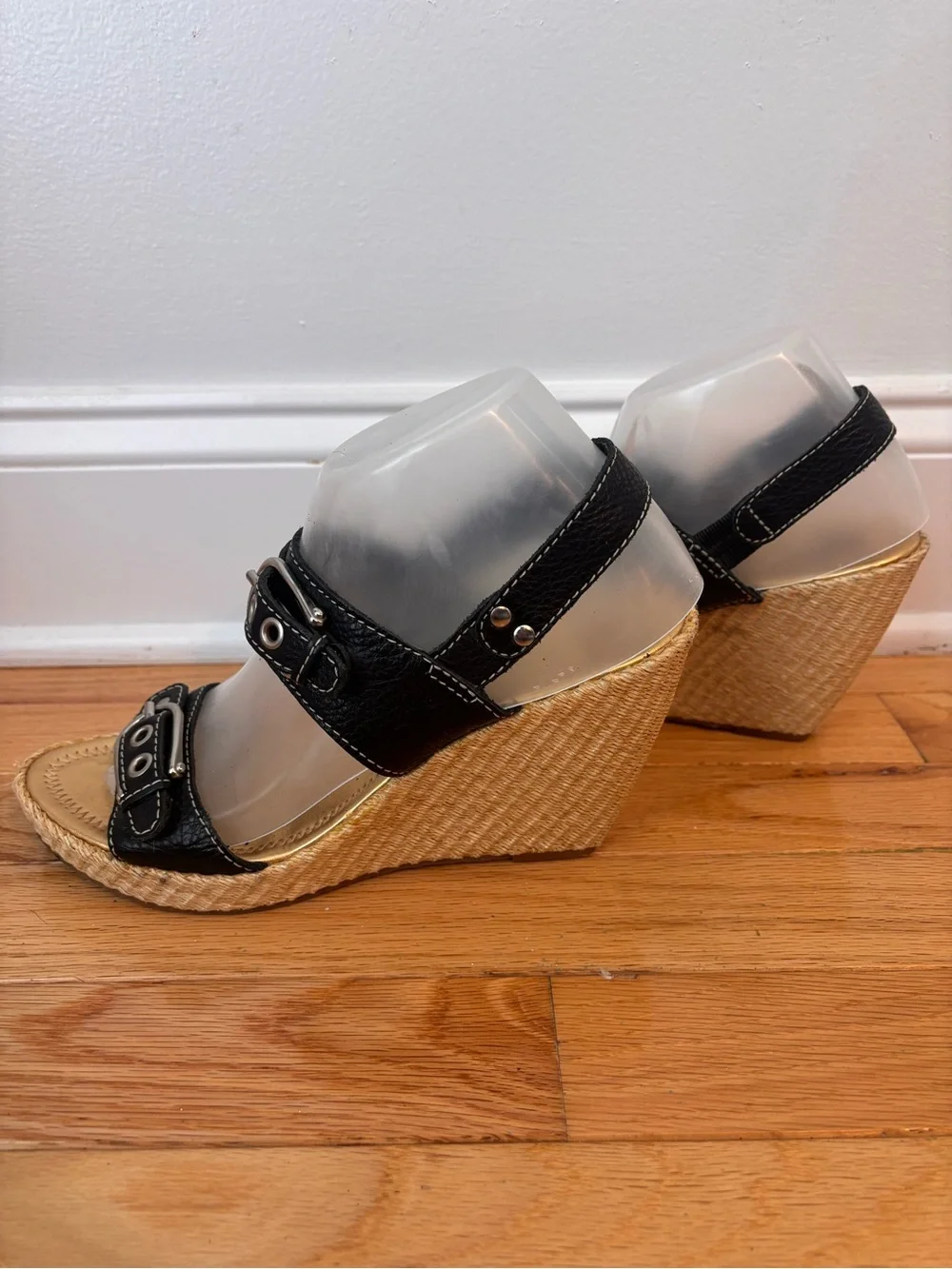 ANTONIO MELANI Y2K Black Leather Double-Buckle Espadrille Wedges Size 8 Brazil
